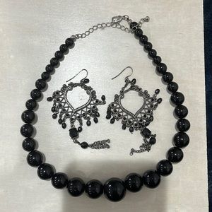 Black and Silver Bead Necklace and Earring Bundle